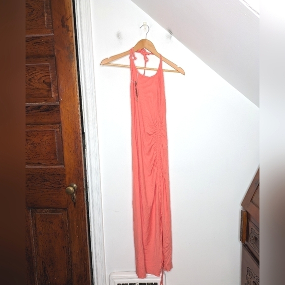 Halara Knit Halter Lace UpRuched Drawstring Split Hem Bodycon Midi Salmon Size S - Picture 1 of 5